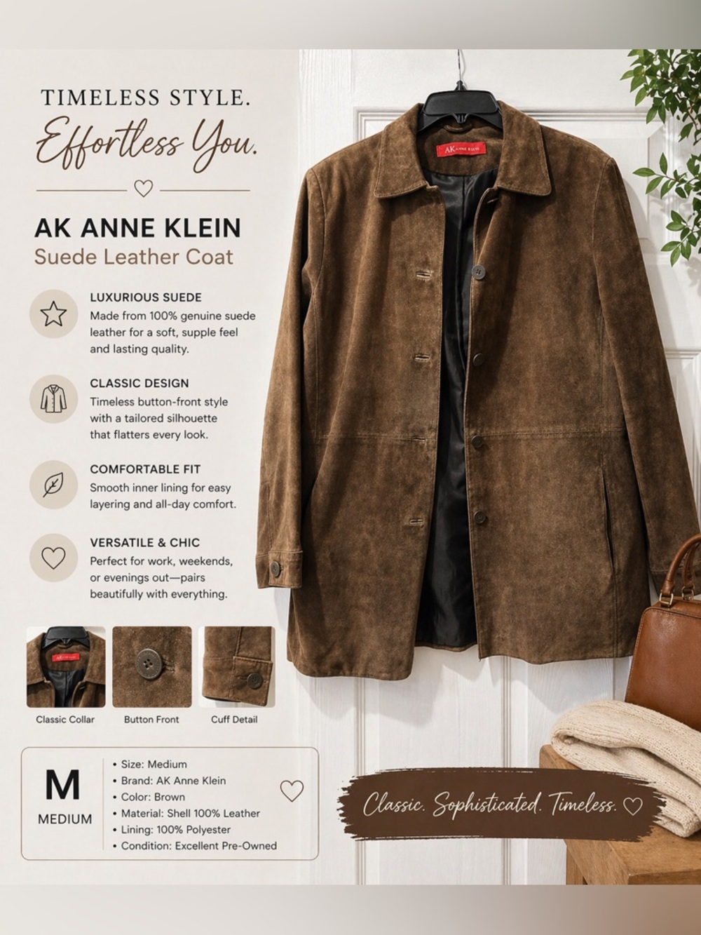 AK Anne Klein Brown Suede Leather Coat Medium